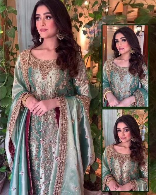 Harris Shakeel Embroidered Addawork Formal Wedding Wear Collection-Seagreen Gold #HS888