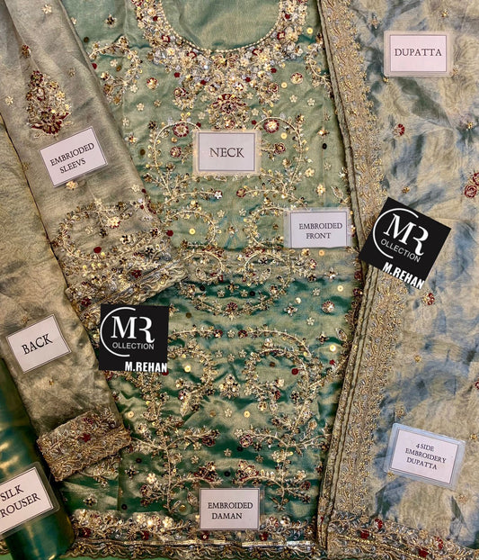 Harris Shakeel Embroidered Addawork Formal Wedding Wear Collection-Seagreen Gold #HS888